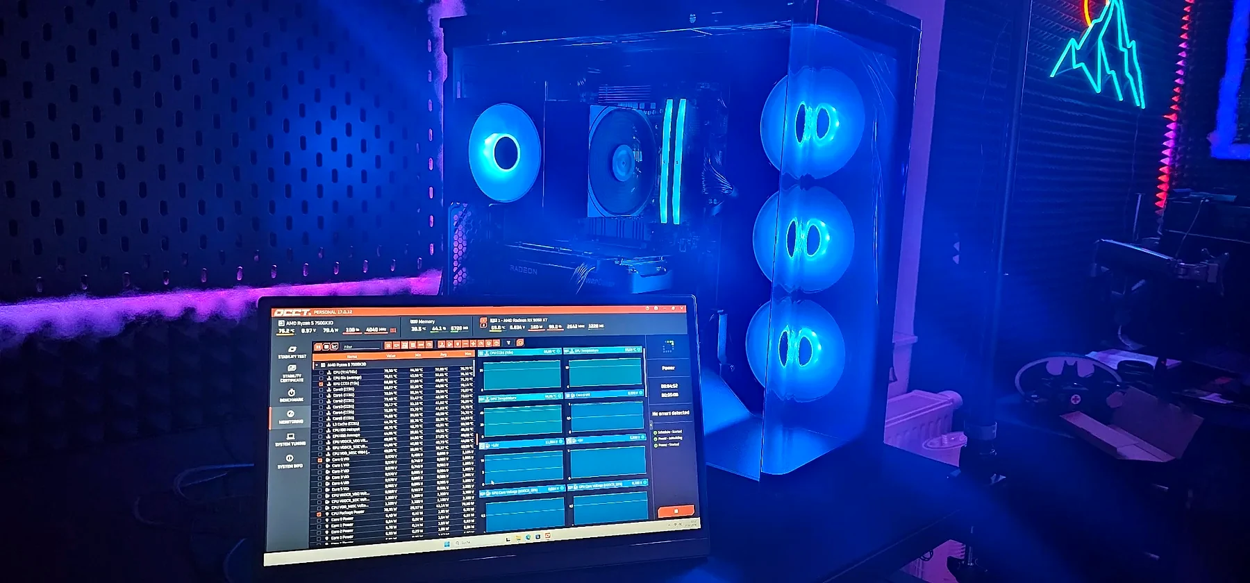 Blau beleuchteter Gaming-PC während eines Belastungstests